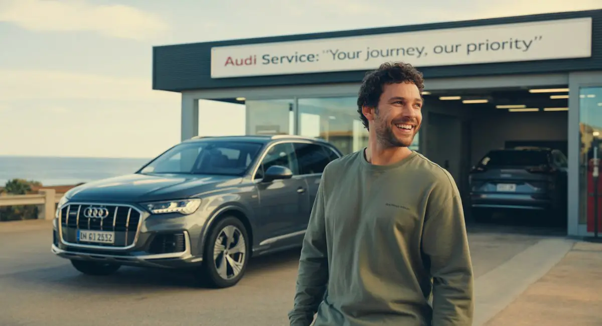 Happy Audi Q7 owner driving off from a repair shop