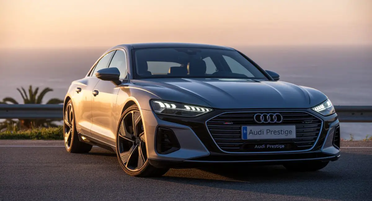 Audi Prestige parked on a scenic coastal highway at sunset