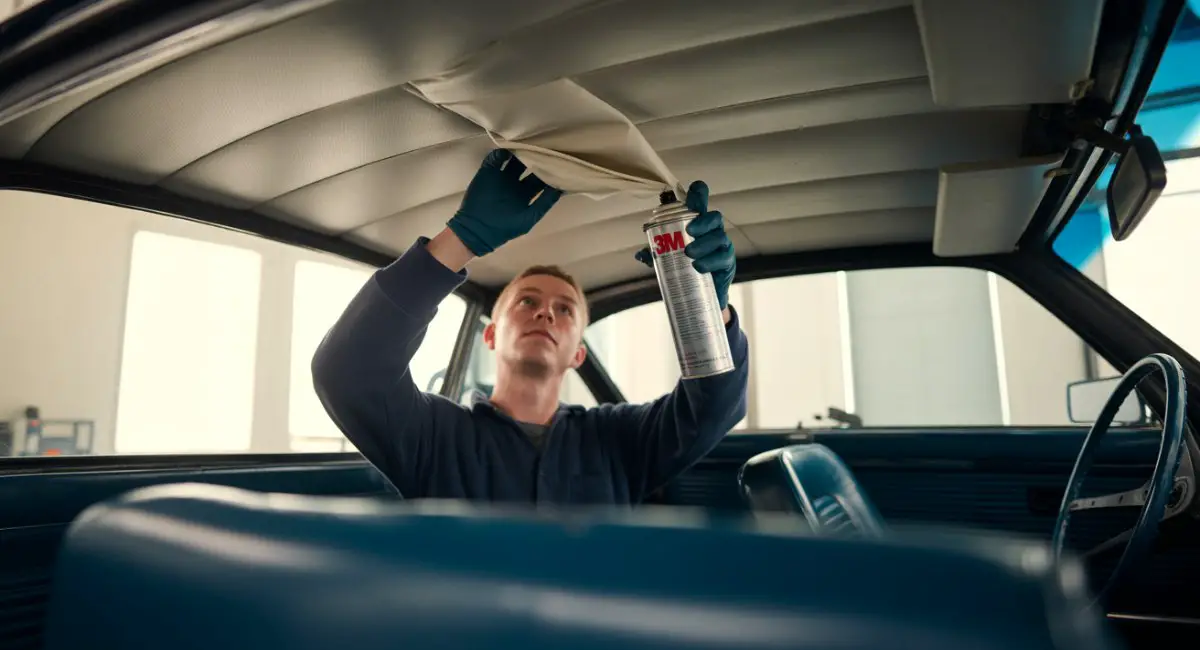 Applying spray adhesive to fix BMW headliner