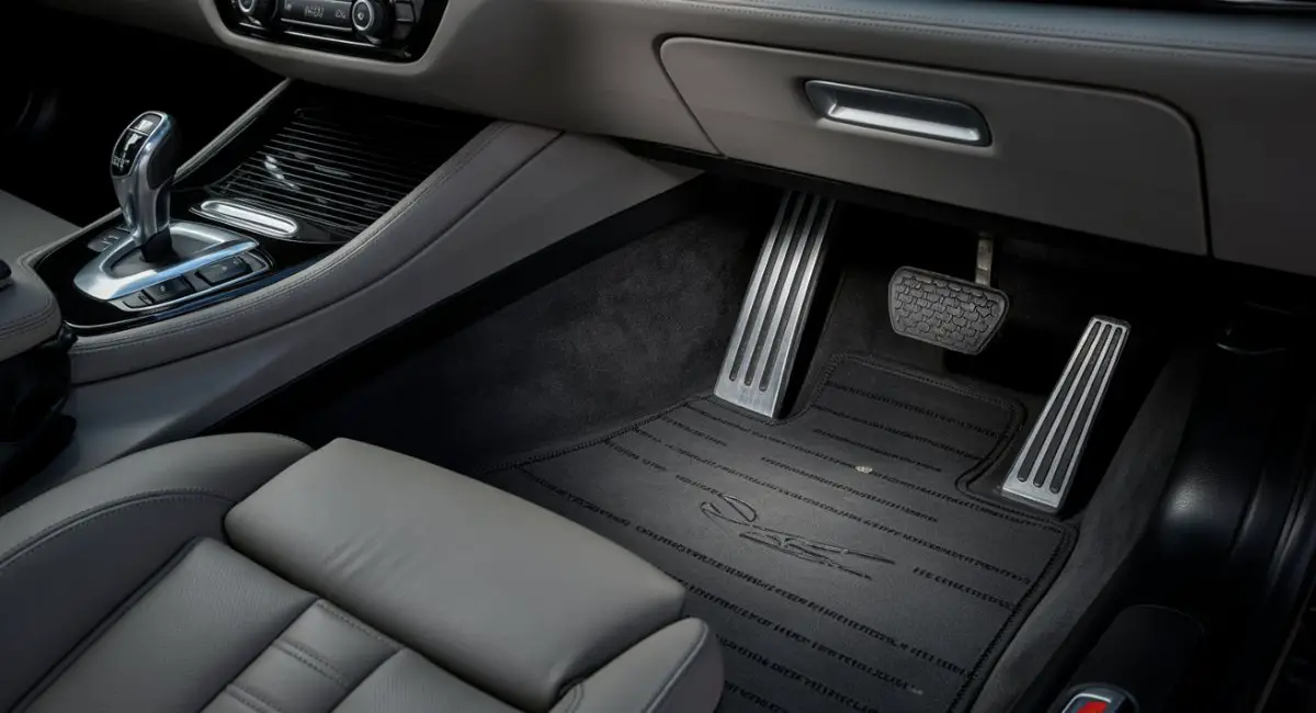 BMW interior highlighting accelerator pedal and adaptor plate area