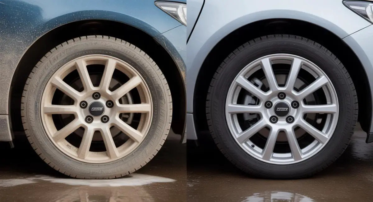 Before and after of wheel cleaned of brake dust