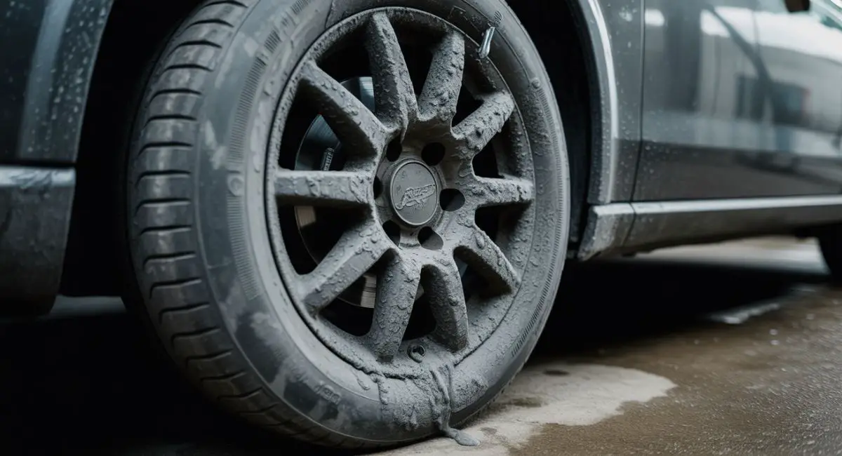 Close-up of wheel with brake dust buildup before cleaning