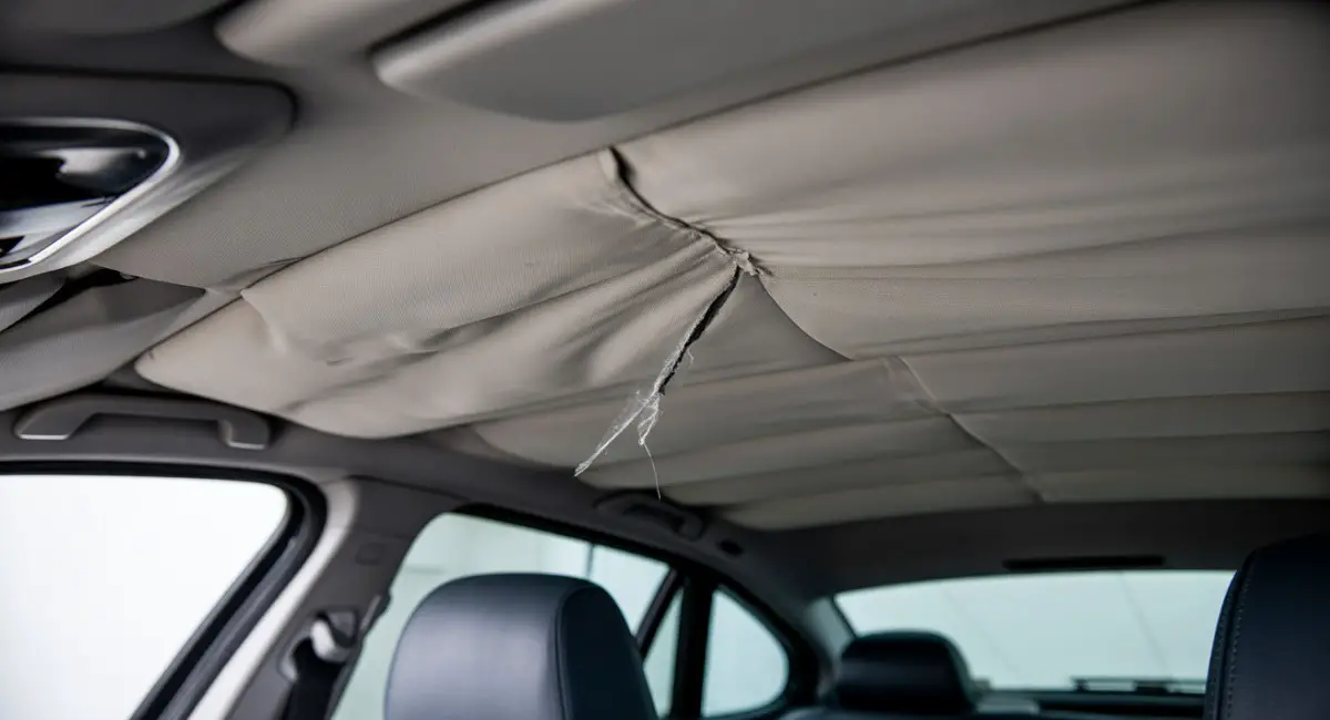 Sagging headliner in BMW interior near rear seats