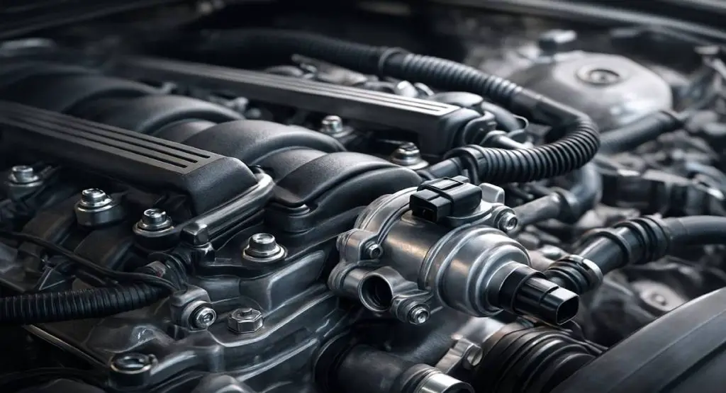 Close-up of a BMW intake manifold and idle control valve, showing location and components