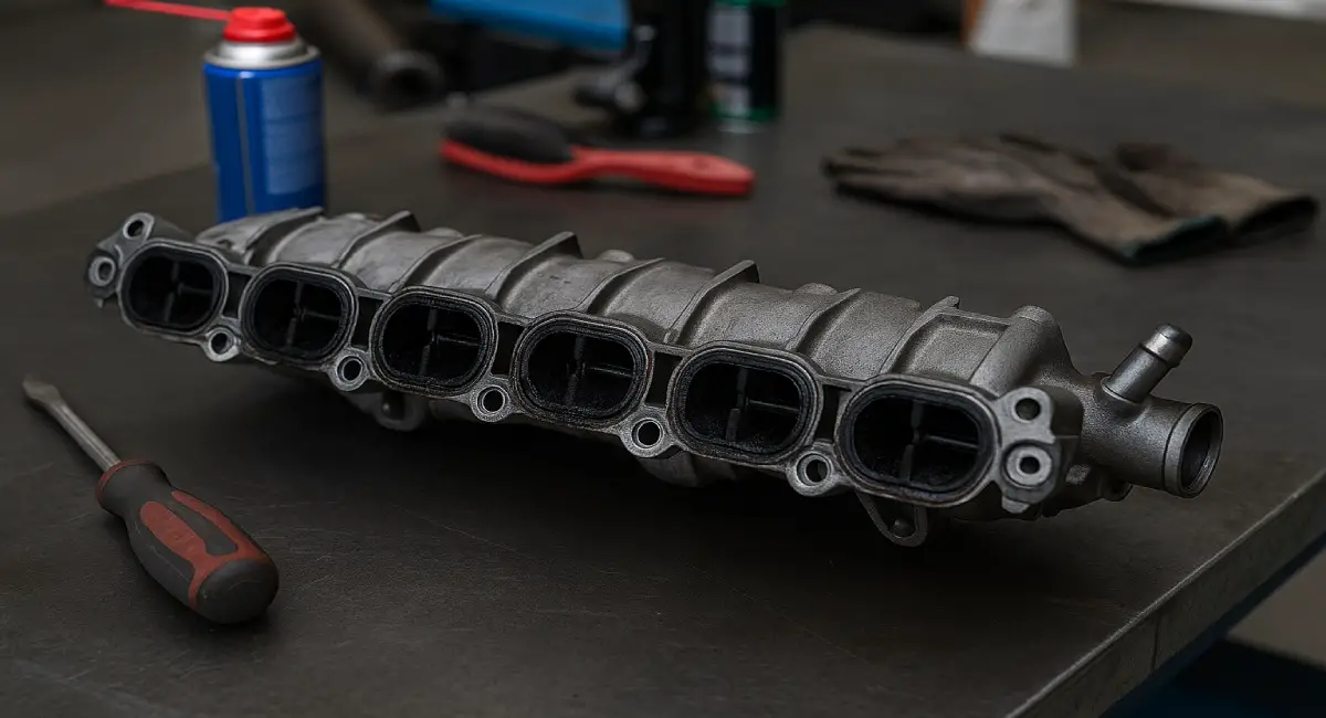 Workshop showing BMW intake manifold removed for swirl-flap repair and cleaning